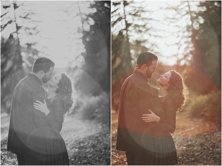 Sunshine streaming through as Matt and Bianca share a kiss during their engagement session