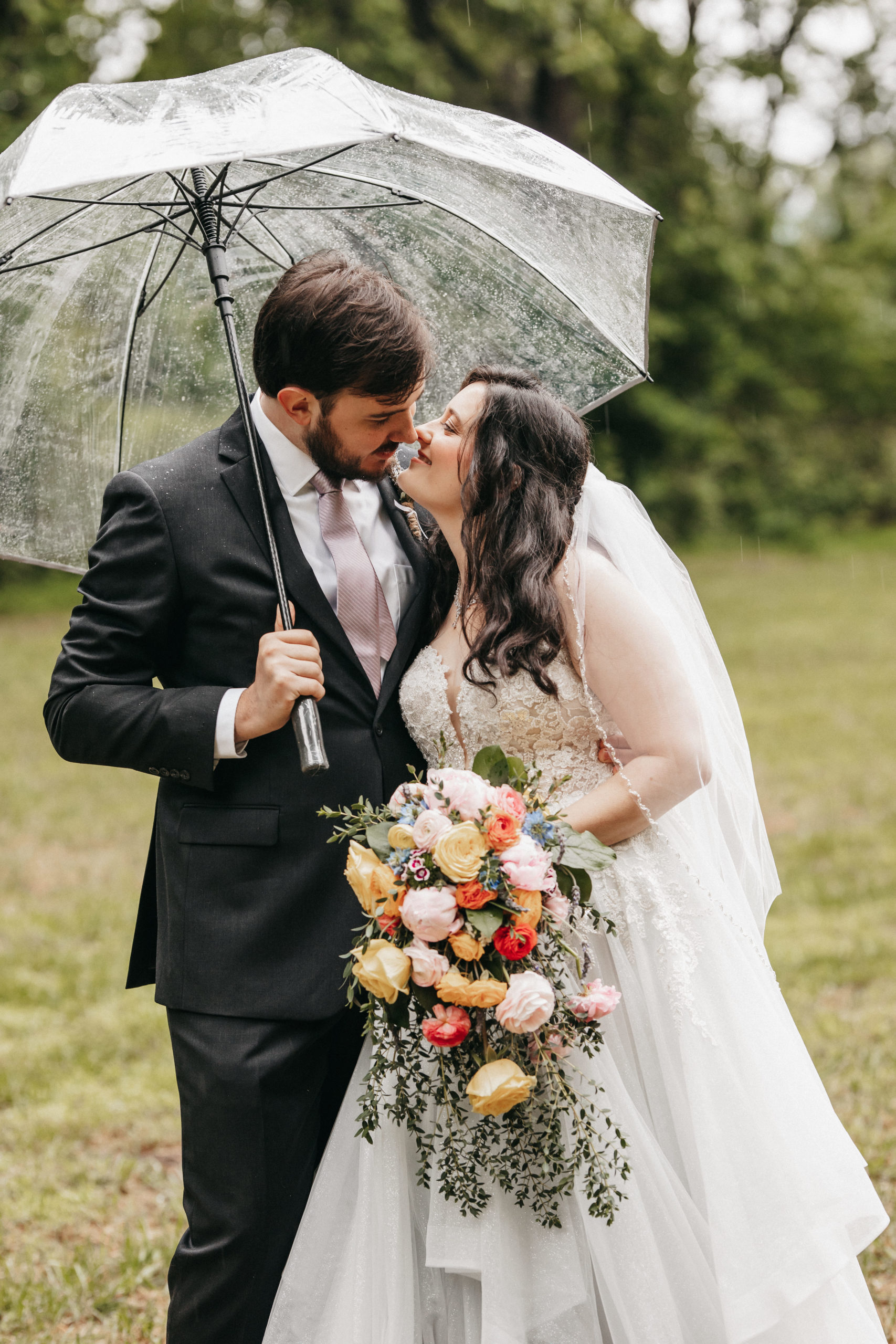 rainy spring couple on wedding day