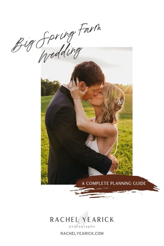 Bride and groom sharing a kiss in the middle of a vast green field with the sen setting in the horizon behind them; image overlaid with text that reads Big Spring Farm Wedding A Complete Planning Guide