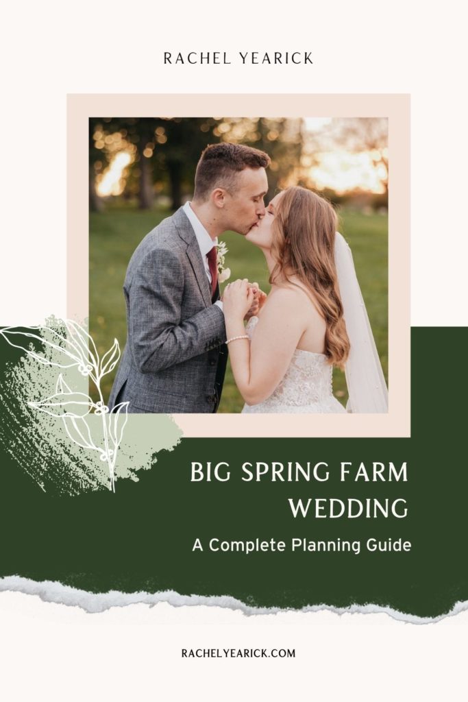 Bride and groom closing their eyes and holding hands during their Big Spring Farm wedding shoot; image overlaid with text that reads Big Spring Farm Wedding A Complete Wedding Planning Guide