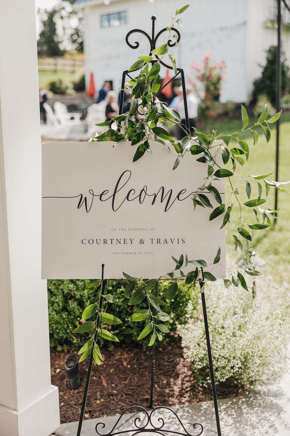 The Ultimate Wedding Vendor List (Checklist Included): Close-up shot of the wedding signage that reads 'Welcome to the Wedding of Courtney & Travis'
