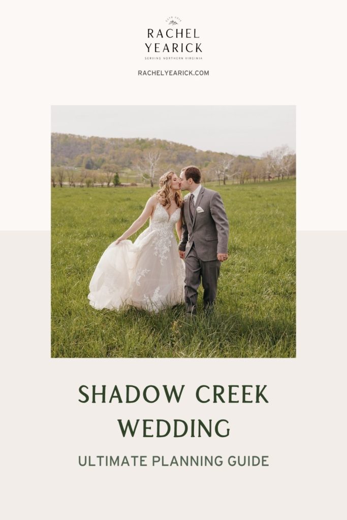 Bride and groom sharing a kiss in the middle of a grassy field; image overlaid with text that reads Shadow Creek Wedding Ultimate Planning Guide
