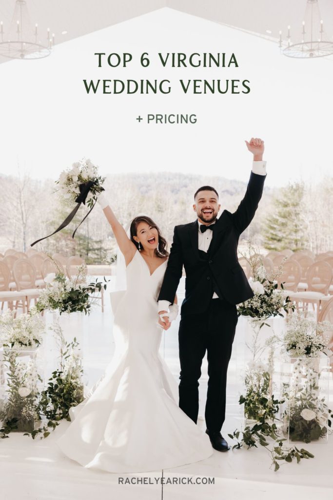 Couple raising their hands and smiling at the camera; image overlaid with text that reads Top 6 Virginia Wedding Venues + Pricing