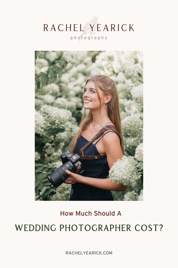 Rachel Yearick smiling while holding her camera; image overlaid with text that reads How Much Should a Wedding Photographer Cost?