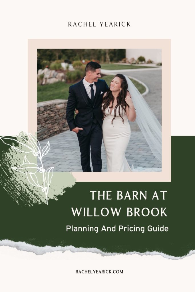 Bride and groom smiling as they stroll through the venue together; image overlaid with text that reads The Barn at Willow Brook Planning and Pricing Guide