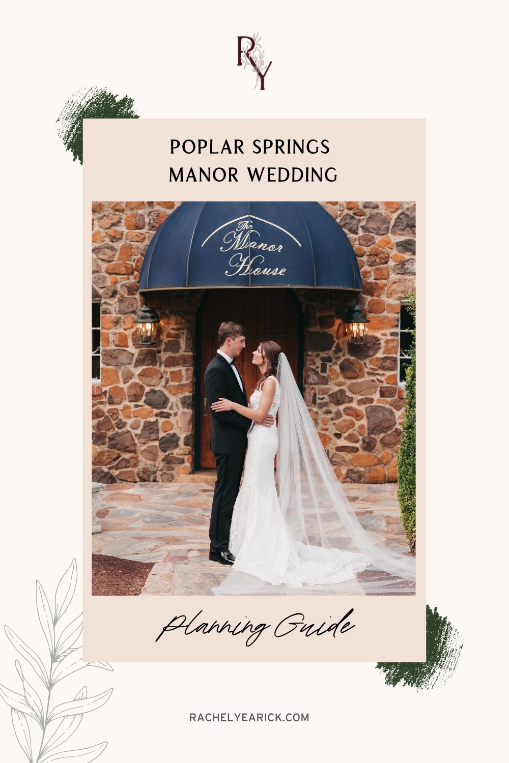 Bride and groom smiling at each other as they share an embrace; image overlaid with text that reads Poplar Springs Manor Wedding Planning Guide