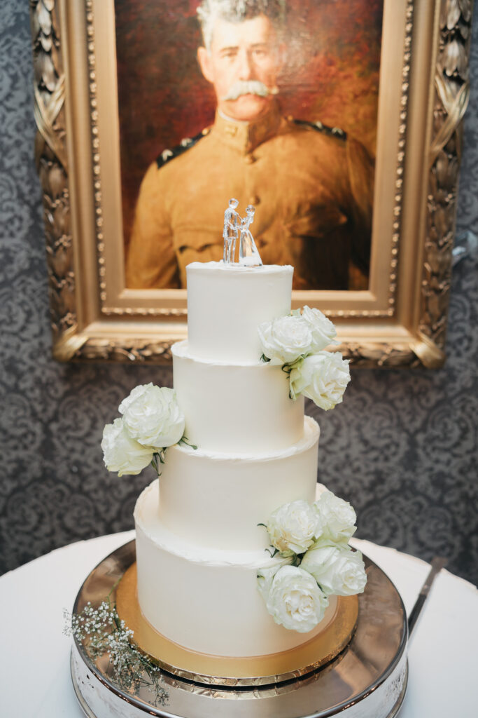 simple, white rose, wedding cake at Army Navy Club in Washington, DC
