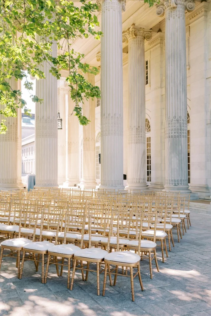 Sunset wedding ceremony at DAR Constitution Hall overlooking the Washington Monument, classic DC wedding venue