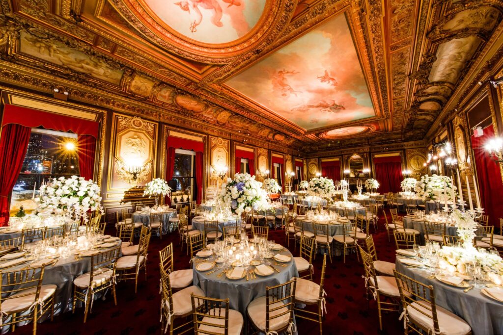 Classic black-tie wedding at the Metropolitan Club DC with crystal chandeliers and timeless interiors