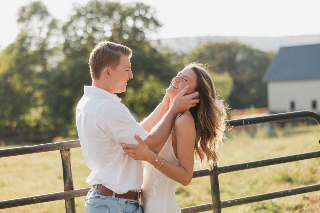 Romantic engagement photo capturing elegant western charm and countryside textures in Bluemont, Virginia