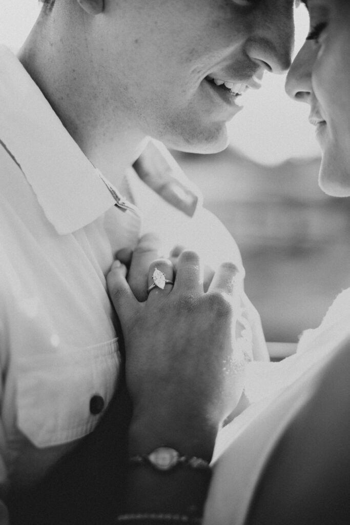 couple hugging during their late-summer engagement session in the Virginia countryside