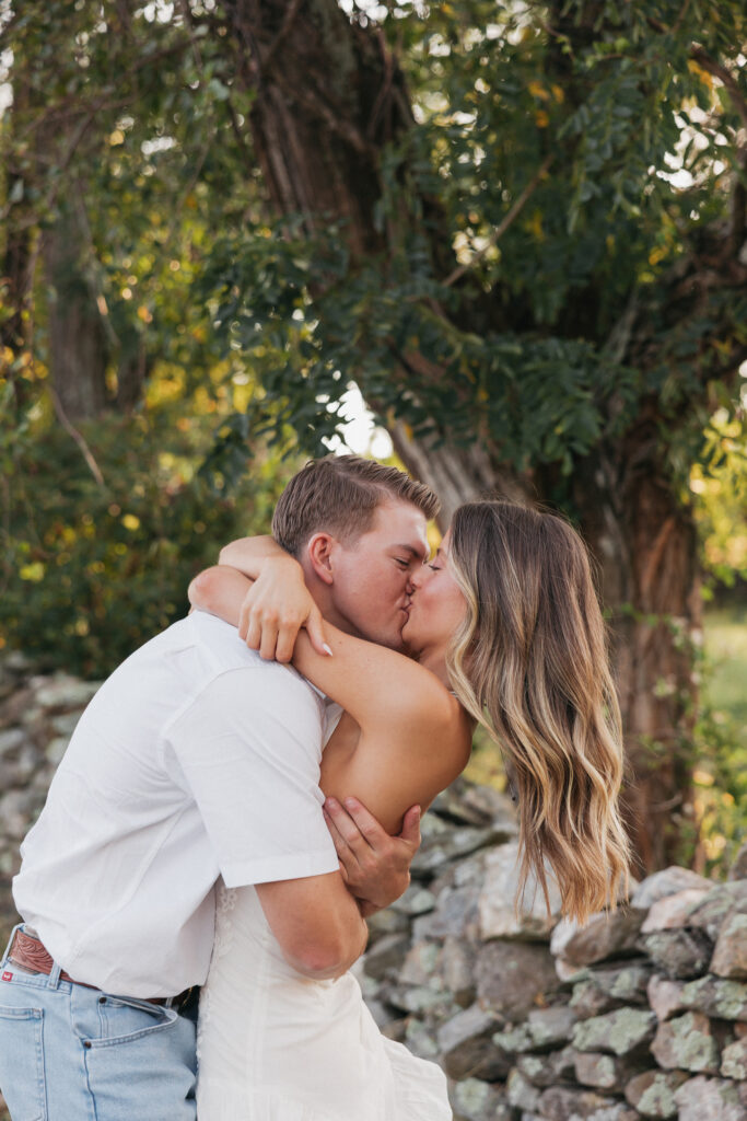 Golden-hour portrait of an engaged couple embracing in an open meadow, surrounded by warm natural light
