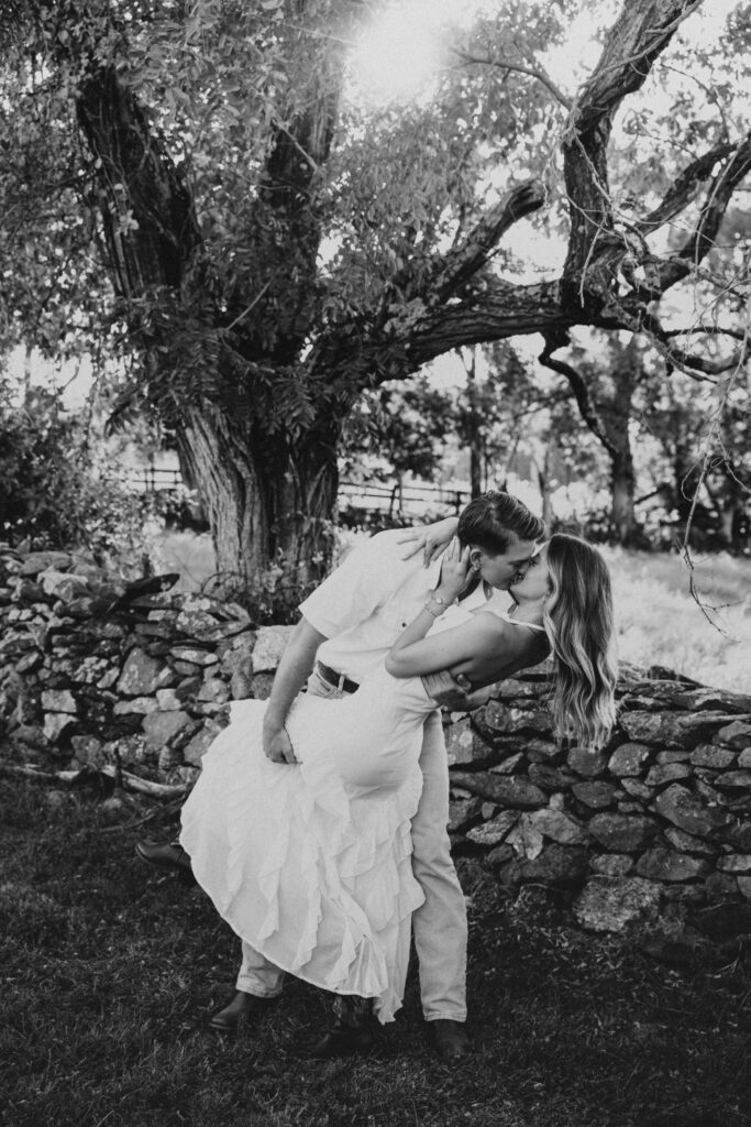 Golden-hour portrait of an engaged couple dancing in an open meadow, surrounded by warm natural light