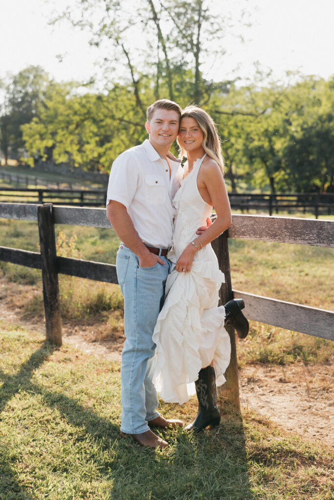 Romantic engagement photo capturing elegant western charm and countryside textures in Bluemont, Virginia.