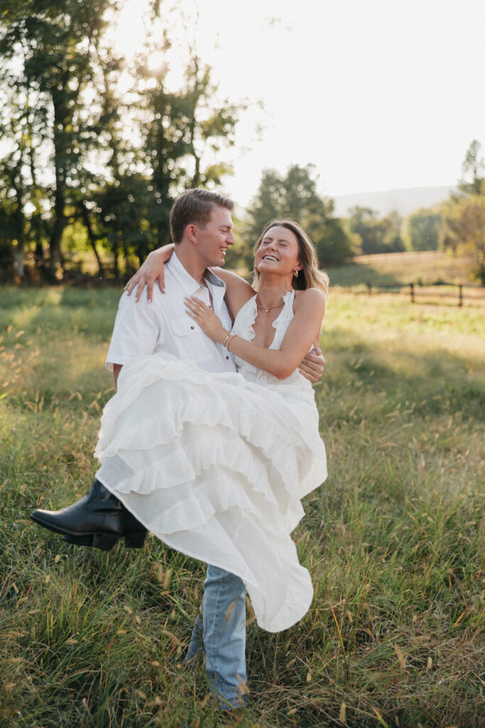 Editorial engagement photography in the Virginia countryside, blending romance, elegance, and authentic connection.