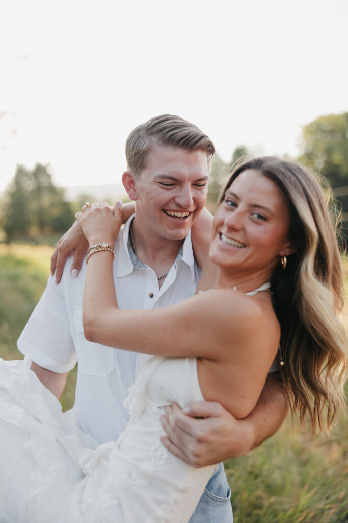 Editorial engagement photography in the Virginia countryside, blending romance, elegance, and authentic connection.