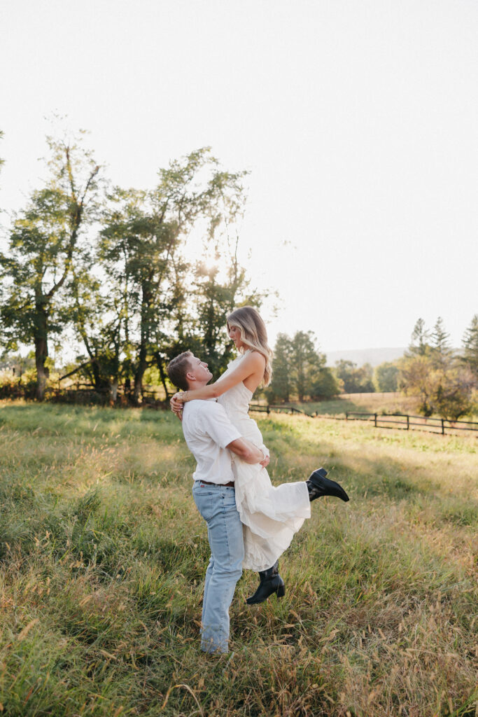 Editorial engagement photography in the Virginia countryside, blending romance, elegance, and authentic connection.