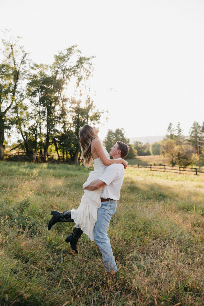 Editorial engagement photography in the Virginia countryside, blending romance, elegance, and authentic connection.