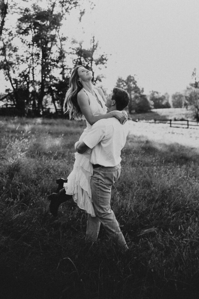 Editorial engagement photography in the Virginia countryside, blending romance, elegance, and authentic connection.