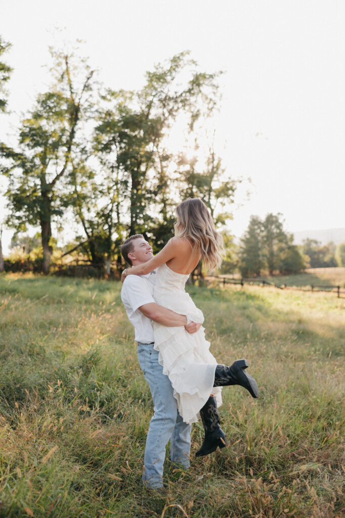 Editorial engagement photography in the Virginia countryside, blending romance, elegance, and authentic connection.