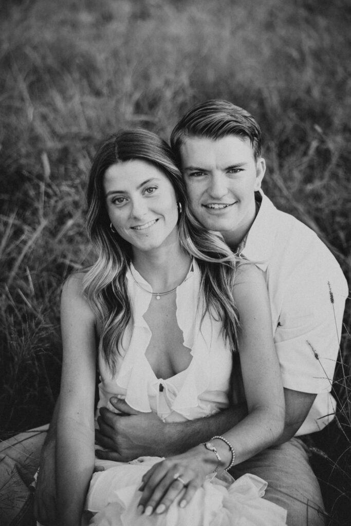 Romantic engagement photo capturing elegant western charm and countryside textures in Bluemont, Virginia.