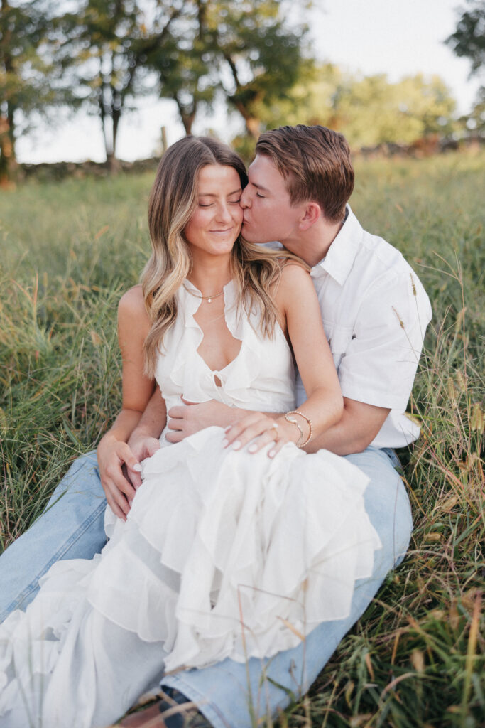Romantic engagement photo capturing elegant western charm and countryside textures in Bluemont, Virginia.
