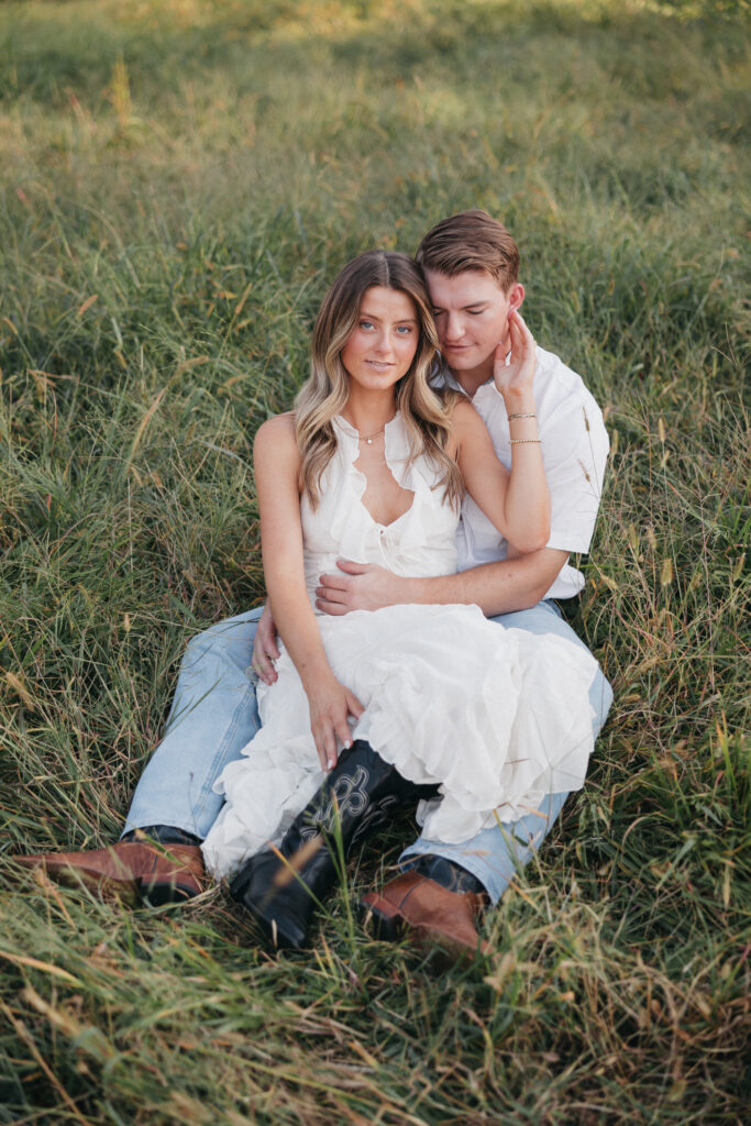 Romantic engagement photo capturing elegant western charm and countryside textures in Bluemont, Virginia.