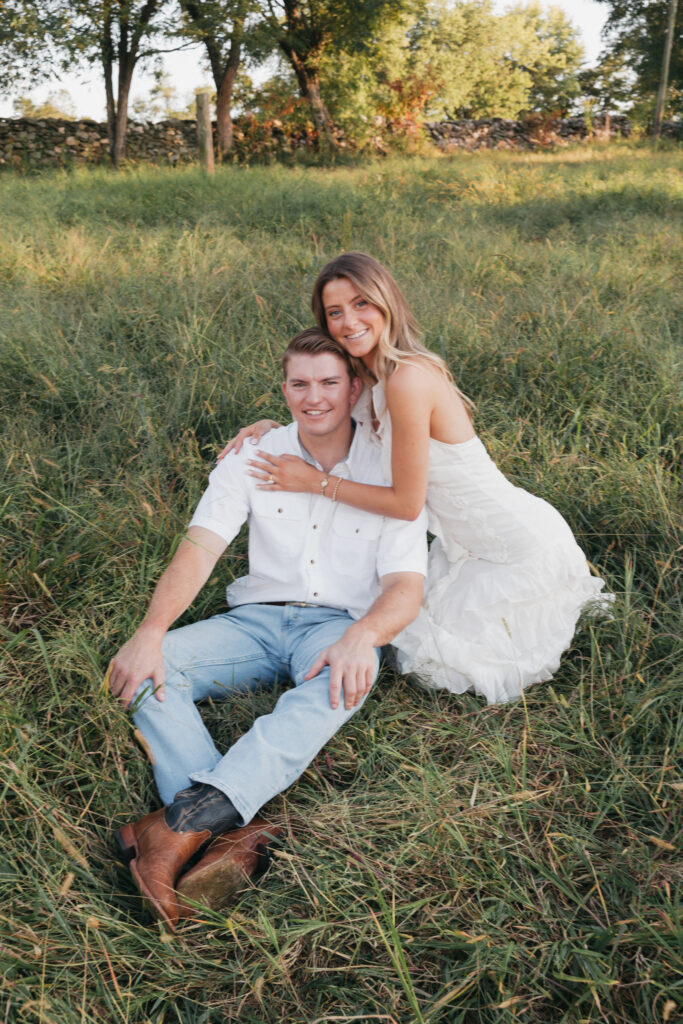 Romantic engagement photo capturing elegant western charm and countryside textures in Bluemont, Virginia.