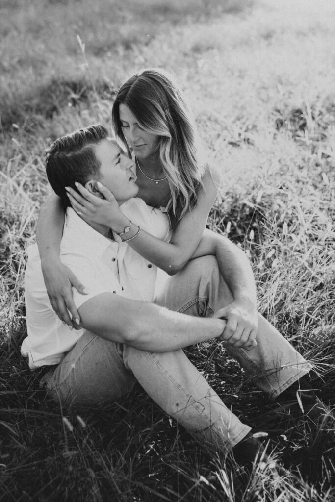 Romantic engagement photo capturing elegant western charm and countryside textures in Bluemont, Virginia.