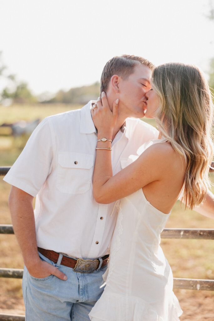Romantic engagement photo capturing elegant western charm and countryside textures in Bluemont, Virginia