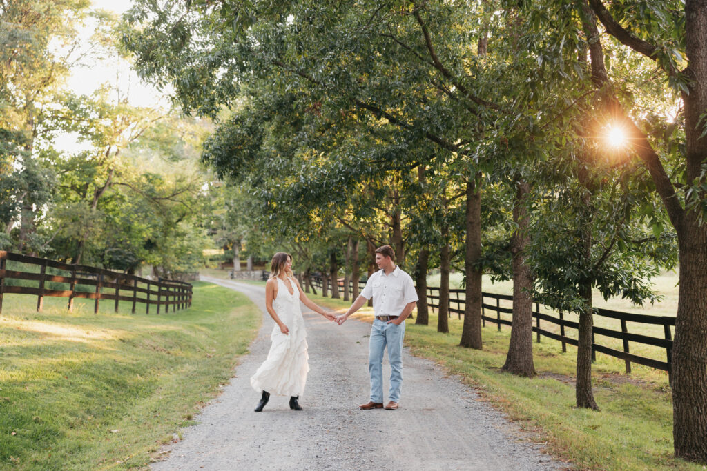 Editorial engagement photography in the Virginia countryside, blending romance, elegance, and authentic connection.