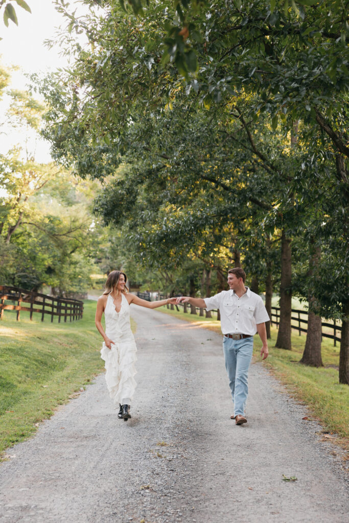 Editorial engagement photography in the Virginia countryside, blending romance, elegance, and authentic connection.