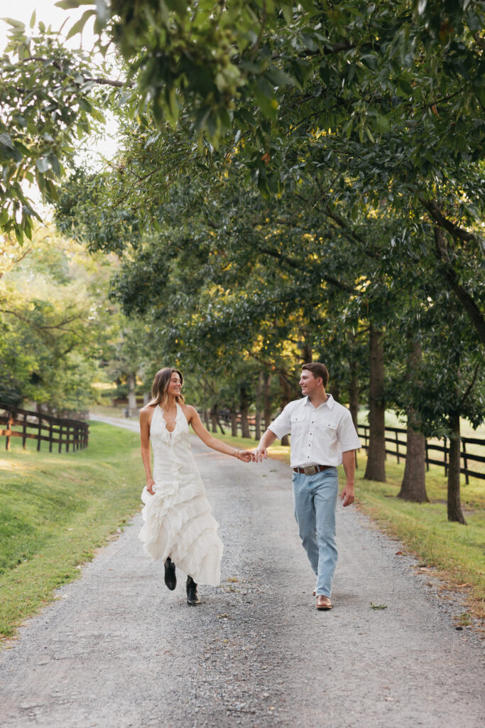 Editorial engagement photography in the Virginia countryside, blending romance, elegance, and authentic connection.