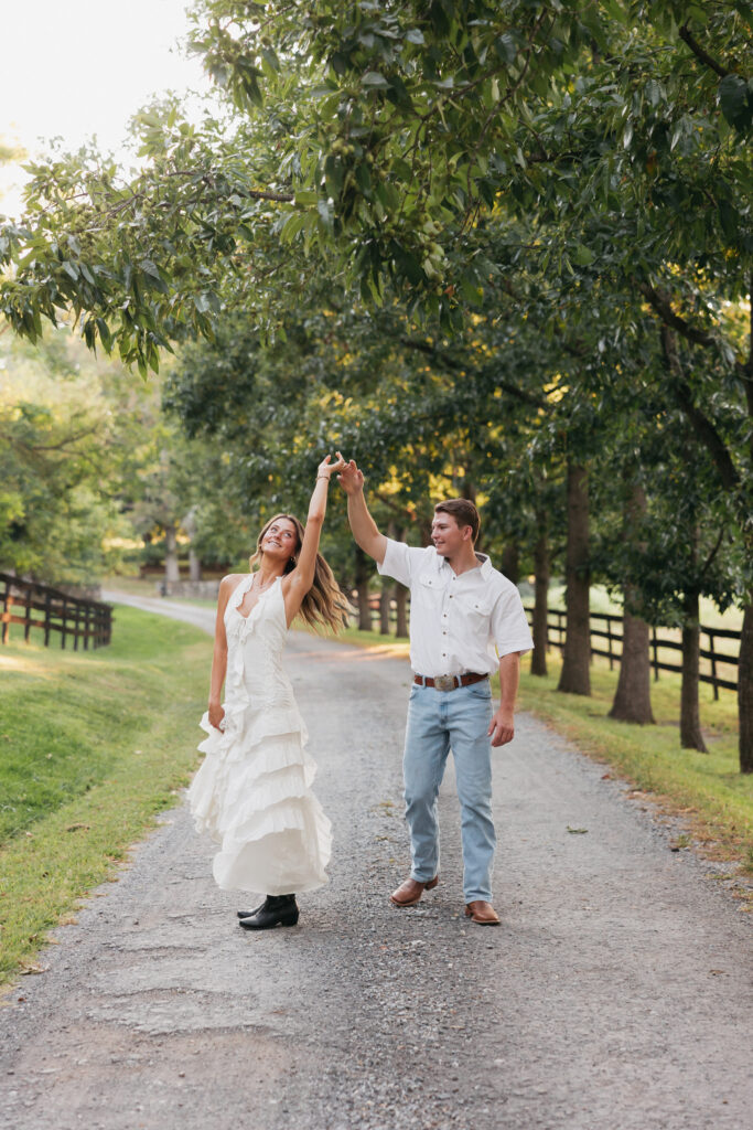 Editorial engagement photography in the Virginia countryside, blending romance, elegance, and authentic connection.