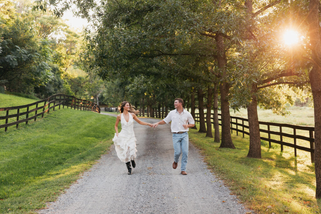 Editorial engagement photography in the Virginia countryside, blending romance, elegance, and authentic connection.