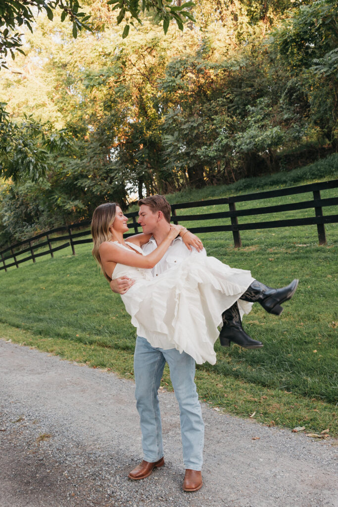 Editorial engagement photography in the Virginia countryside, blending romance, elegance, and authentic connection.
