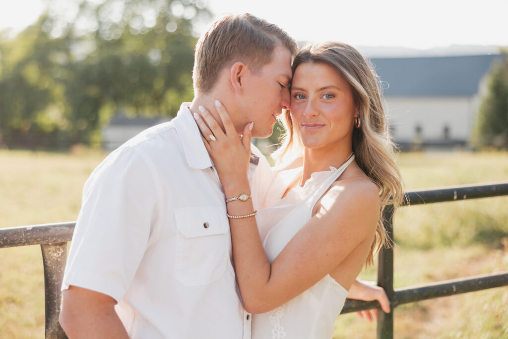 Romantic engagement photo capturing elegant western charm and countryside textures in Bluemont, Virginia