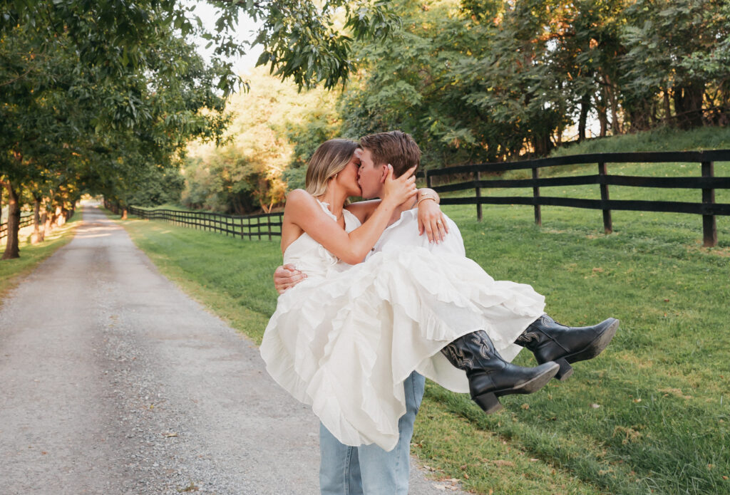 Romantic engagement photo capturing elegant western charm and countryside textures in Bluemont, Virginia.