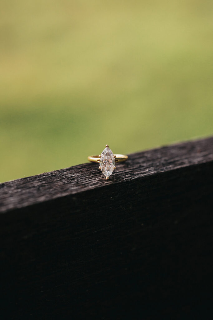 Editorial engagement ring photography in the Virginia countryside, blending romance, elegance, and authentic connection.