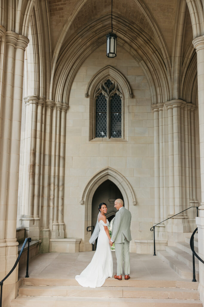 Editorial wedding portraits at Washington National Cathedral with stained glass and gothic architecture