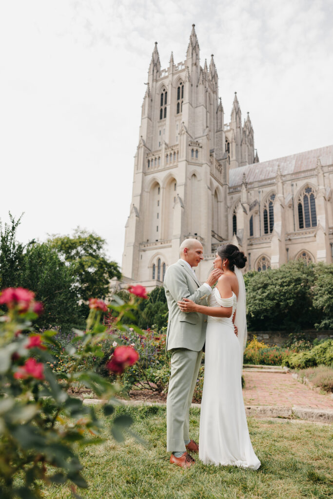 Editorial wedding portraits at Washington National Cathedral with stained glass and gothic architecture