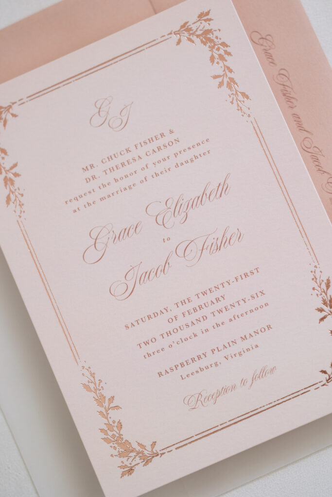 invitation suite at Raspberry Plain Manor during a winter wedding in Leesburg Virginia