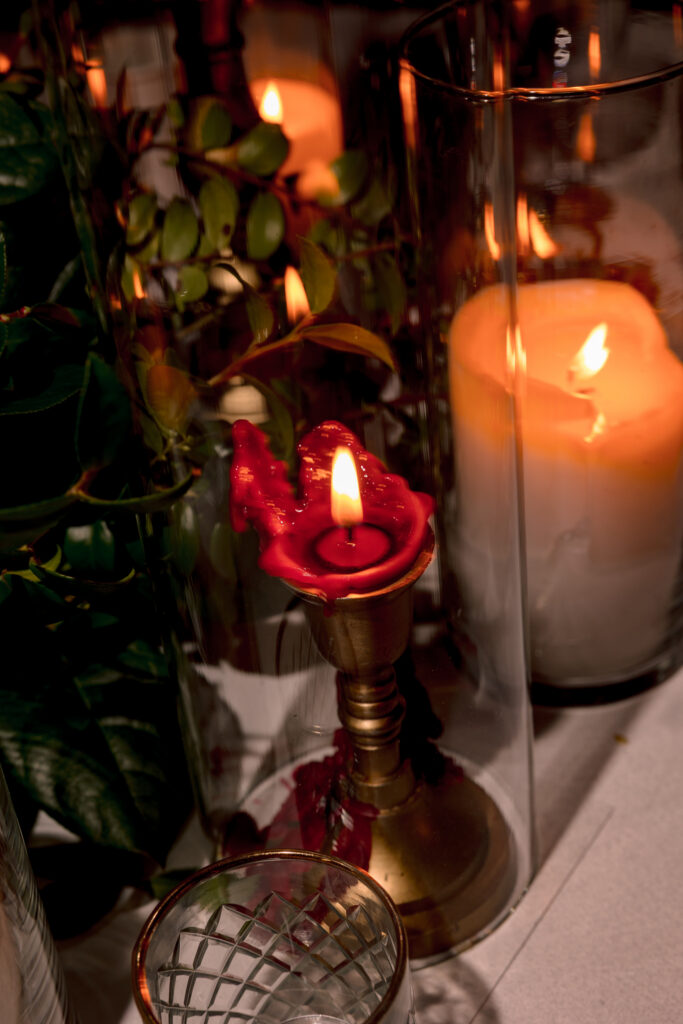Candlelit reception details at Raspberry Plain Manor winter wedding in Virginia