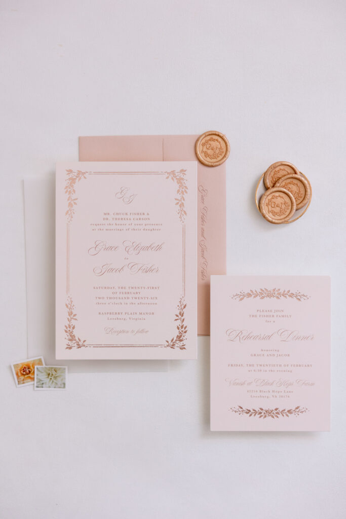 invitation suite at Raspberry Plain Manor during a winter wedding in Leesburg Virginia