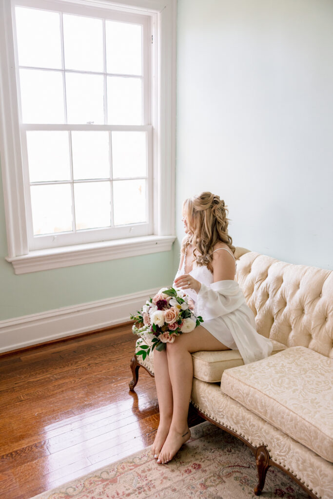 getting ready portrait at Raspberry Plain Manor during a winter wedding in Leesburg Virginia
