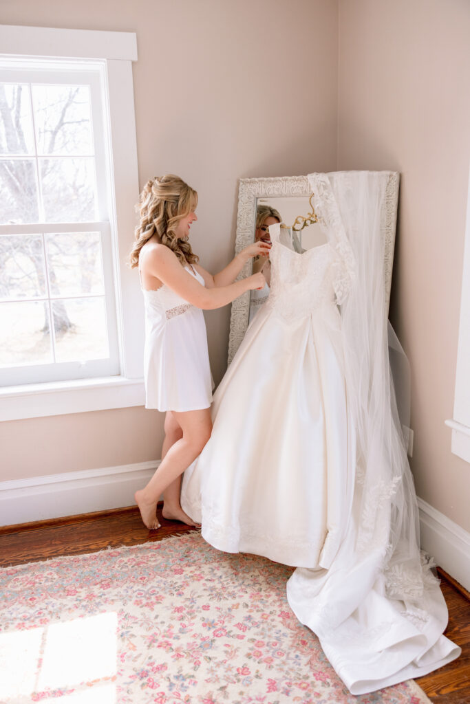 wedding dress at Raspberry Plain Manor during a winter wedding in Leesburg Virginia