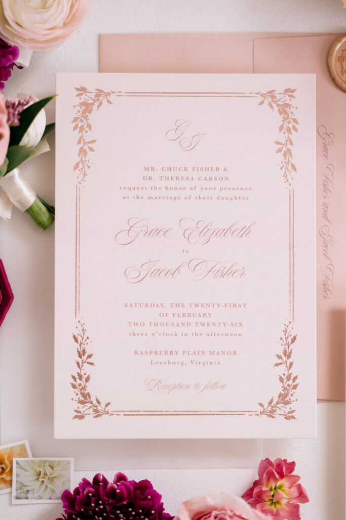 Paper goods photo at Raspberry Plain Manor during a winter wedding in Leesburg Virginia