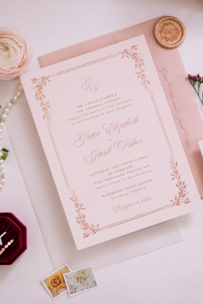 invitations at Raspberry Plain Manor during a winter wedding in Leesburg Virginia