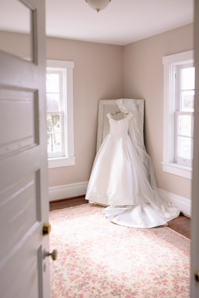 wedding dress at Raspberry Plain Manor during a winter wedding in Leesburg Virginia