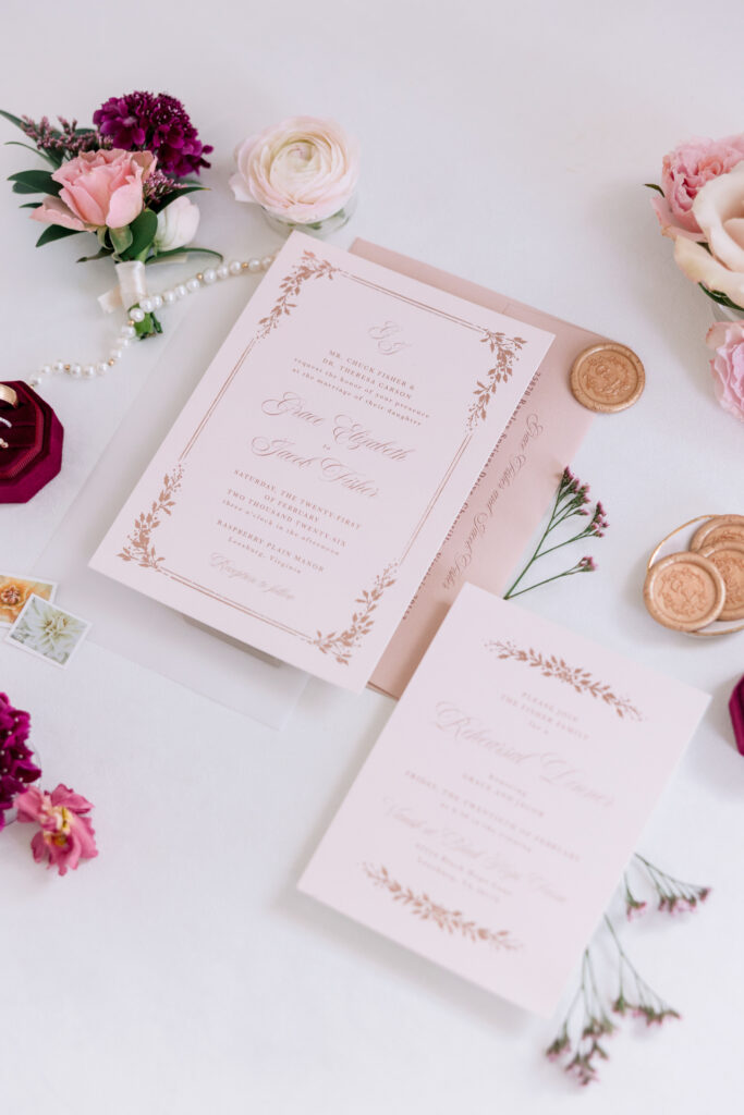 invitation suite at Raspberry Plain Manor during a winter wedding in Leesburg Virginia